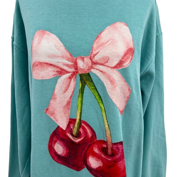 Comfort Colors Cherry Coquette Bow Sweatshirt Cotton Teal Blue‎ Size XL - Picture 3 of 9